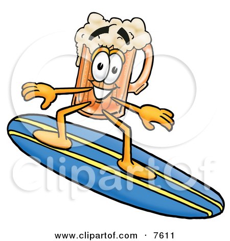 Clipart Picture of a Beer Mug Mascot Cartoon Character Surfing on a Blue and Yellow Surfboard by Mascot Junction