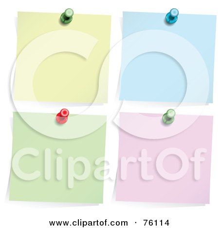 Royalty-Free (RF) Clipart Illustration of a Digital Collage Of Four Memos Pinned To A Wall; Yellow, Blue, Green And Pink by Pushkin