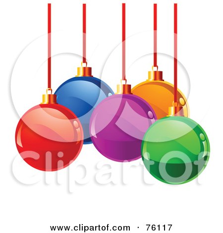 Royalty-Free (RF) Clipart Illustration of a Cluster Of Reflective Colorful Christmas Bulbs On Red Strings Over White by Pushkin