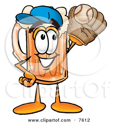Clipart Picture of a Beer Mug Mascot Cartoon Character Catching a Baseball With a Glove by Mascot Junction