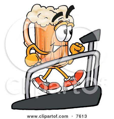 Clipart Picture of a Beer Mug Mascot Cartoon Character Walking on a Treadmill in a Fitness Gym by Mascot Junction