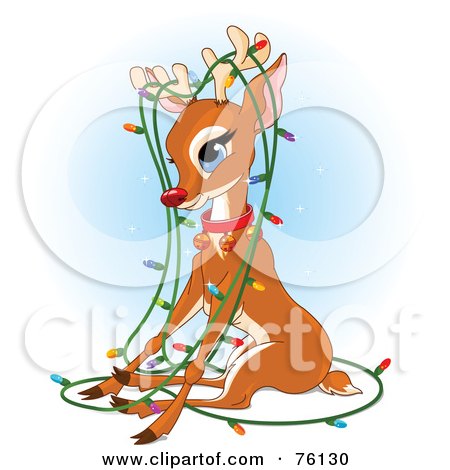 Royalty-Free (RF) Clipart Illustration of Rudolph Tangled In A Strand Of Christmas Lights by Pushkin