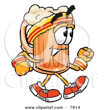 Clipart Picture of a Beer Mug Mascot Cartoon Character Speed Walking or Jogging by Mascot Junction