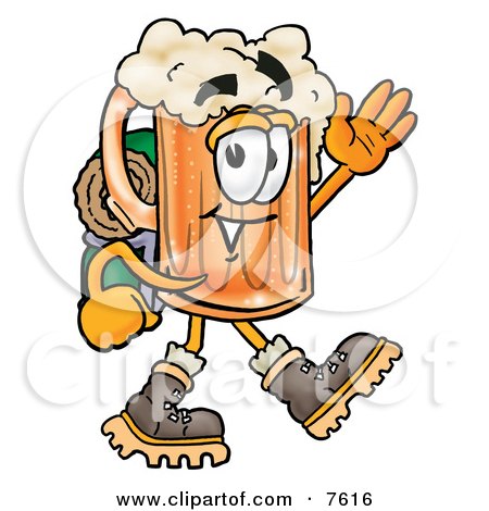 Clipart Picture of a Beer Mug Mascot Cartoon Character Hiking and Carrying a Backpack by Mascot Junction