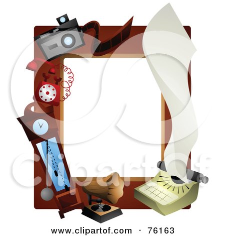 Royalty-Free (RF) Clipart Illustration of a Vintage Clock, Music, Camera, Phone And Typewriter Frame by BNP Design Studio