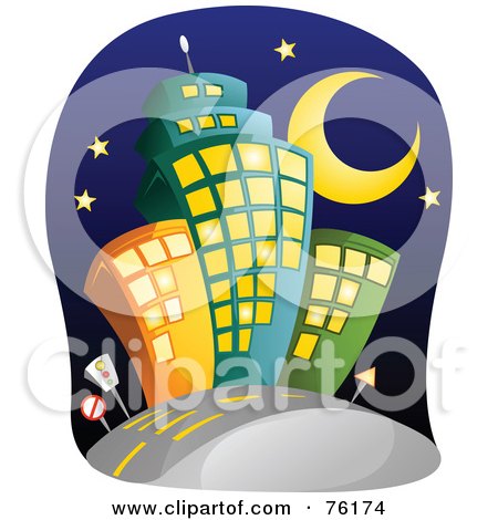 Royalty-Free (RF) Clipart Illustration of a Crescent Moon And Stars Over City Buildings by BNP Design Studio
