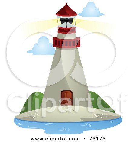 Royalty-Free (RF) Clipart Illustration of a Tall Beige And Red Lighthouse With A Shining Beacon by BNP Design Studio