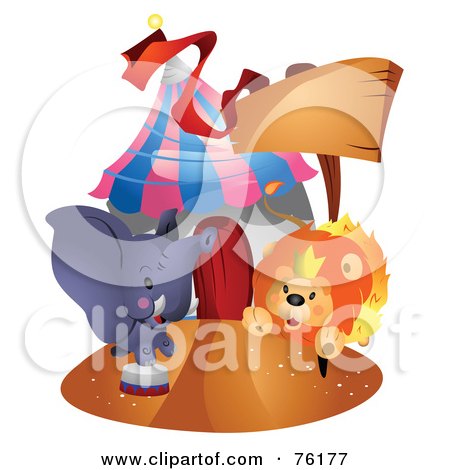 Royalty-Free (RF) Clipart Illustration of a Lion And Elephant Outside A Circus Tent by BNP Design Studio