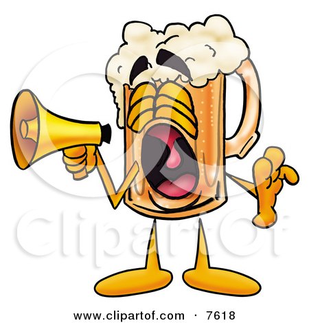 Clipart Picture of a Beer Mug Mascot Cartoon Character Screaming Into a Megaphone by Mascot Junction