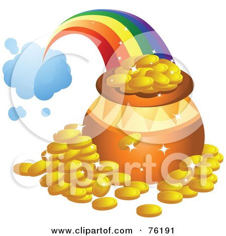 Royalty-Free (RF) Clipart Illustration of a Rainbow Shooting From A Cloud And Landing Behind A Pot Of Gold by BNP Design Studio