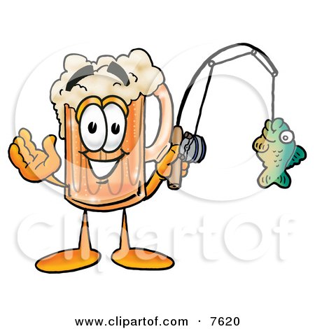 Clipart Picture of a Beer Mug Mascot Cartoon Character Holding a Fish on a Fishing Pole by Mascot Junction