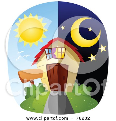 Royalty-Free (RF) Clipart Illustration of a Unique Day And Night Home by BNP Design Studio
