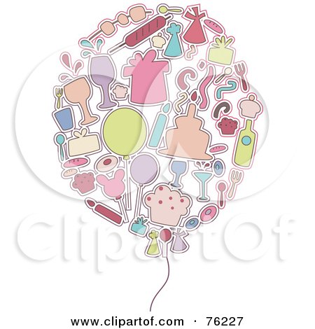 Royalty-Free (RF) Clipart Illustration of a Collage Of Birthday Icons Forming A Party Balloon by BNP Design Studio