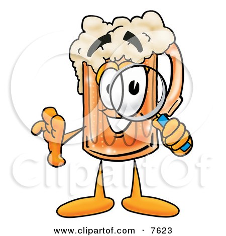 Clipart Picture of a Beer Mug Mascot Cartoon Character Looking Through a Magnifying Glass by Mascot Junction
