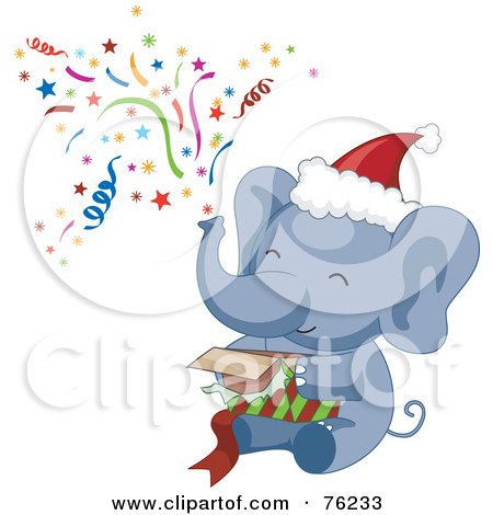 Royalty-Free (RF) Clipart Illustration of a Christmas Elephant Shooting Confetti Out Of His Trunk And Opening A Gift by BNP Design Studio