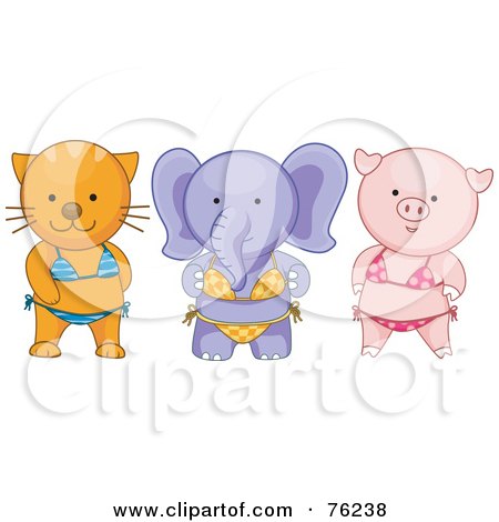 Royalty-Free (RF) Clipart Illustration of a Cat, Elephant And Pig Wearing Bikinis by BNP Design Studio