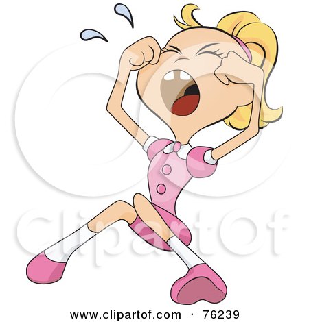 Royalty-Free (RF) Clipart Illustration of a Blond Girl In Pink, Sitting And Crying While Rubbing Her Eyes by BNP Design Studio