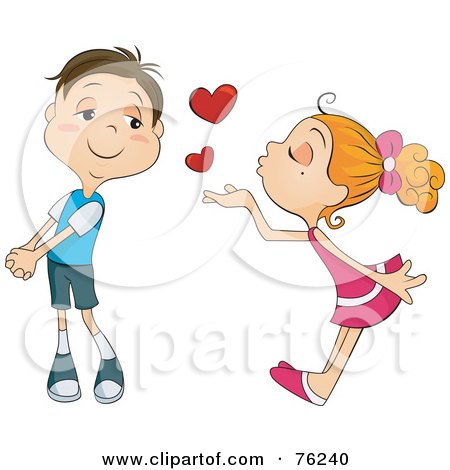 Royalty-Free (RF) Clipart Illustration of a Blond Girl Blowing Heart Kisses At An Infatuated Boy by BNP Design Studio