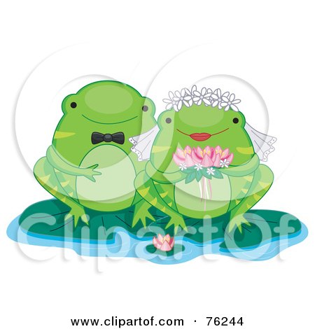 Royalty-Free (RF) Clipart Illustration of a Frog Wedding Couple On Lilypads by BNP Design Studio