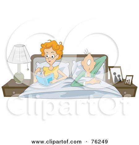 Royalty-Free (RF) Clipart Illustration of a Hubby Snoring While His Wife Reads In Bed by BNP Design Studio