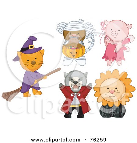 Royalty-Free (RF) Clipart Illustration of a Digital Collage Of A Cat, Monkey, Pig, Tasmanian Devil And Lion In Halloween Costumes by BNP Design Studio