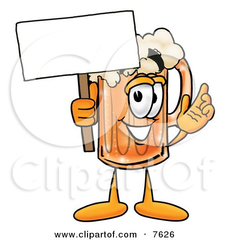 Clipart Picture of a Beer Mug Mascot Cartoon Character Holding a Blank Sign by Mascot Junction