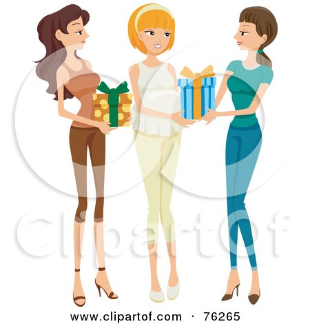 Royalty-Free (RF) Clipart Illustration of Two Friends Bringing Presents To A Baby Shower For A Pregnant Woman by BNP Design Studio