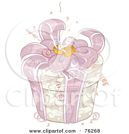 Royalty-Free (RF) Clipart Illustration of a Round Beige Wedding Gift Box With Pink Ribbons And Rings On Top by BNP Design Studio