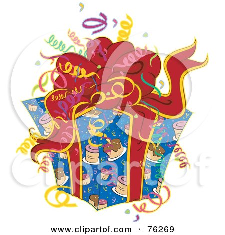 Royalty-Free (RF) Clipart Illustration of a Birthday Present With Colorful Confetti And A Red Bow by BNP Design Studio