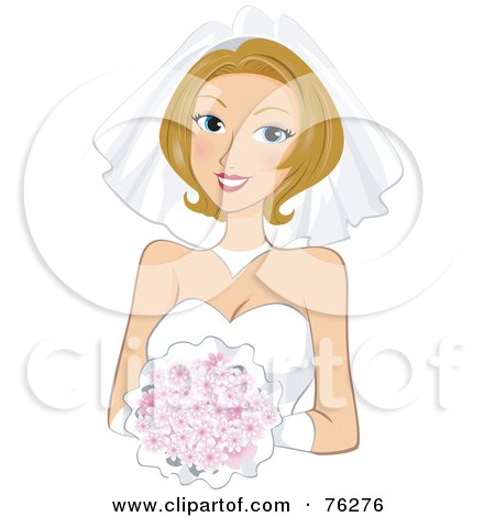 Royalty-Free (RF) Clipart Illustration of a Beautiful Dirty Blond Bride In Her Gown, Holding Her Bouquet by BNP Design Studio