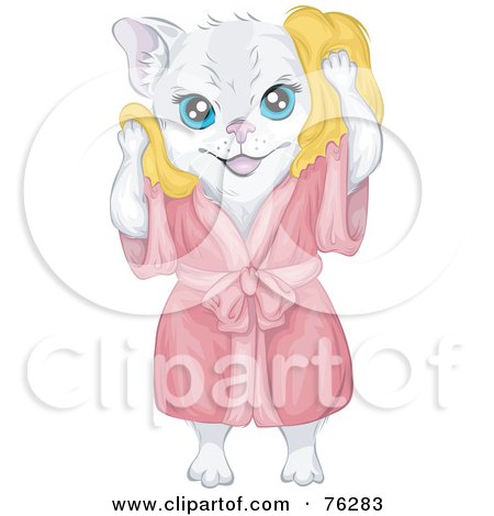 Royalty-Free (RF) Clipart Illustration of a Clean White Cat In A Robe, Drying Her Hair by BNP Design Studio