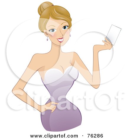 Royalty-Free (RF) Clipart Illustration of a Stunning Dirty Blond Woman In A Purple Gown, Holding A Blank Card by BNP Design Studio