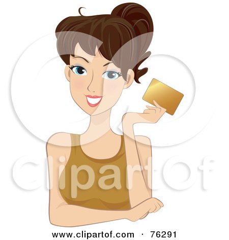 Royalty-Free (RF) Clipart Illustration of a Pretty Brunette Woman Holding Up A Gold Credit Card by BNP Design Studio