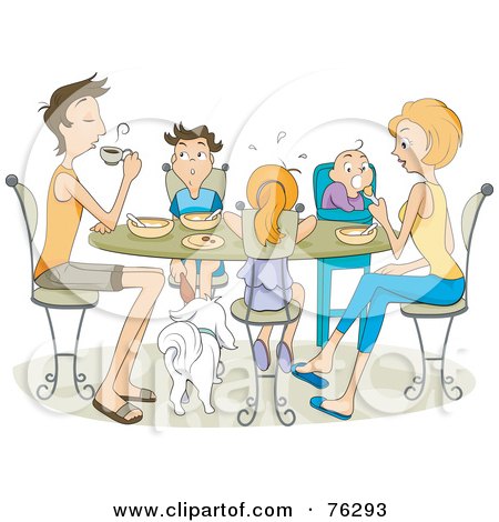 Royalty-Free (RF) Clipart Illustration of a Family Of Five With Their Dog Eating At A Table by BNP Design Studio