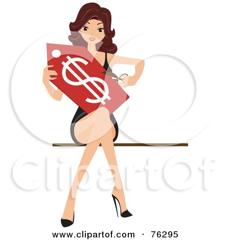 Royalty-Free (RF) Clipart Illustration of a Sexy Brunette Woman Cutting A Dollar Tag by BNP Design Studio