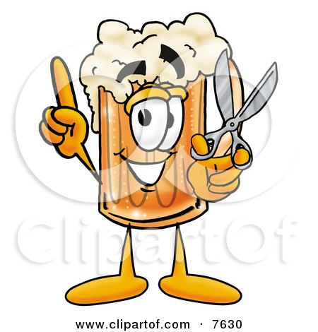 Clipart Picture of a Beer Mug Mascot Cartoon Character Holding a Pair of Scissors by Mascot Junction
