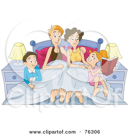 Royalty-Free (RF) Clipart Illustration of a Happy Family Sitting In Bed And Reading by BNP Design Studio