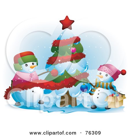 Royalty-Free (RF) Clipart Illustration of Happy Snowmen Decorating Their Christmas Tree In The Snow by BNP Design Studio