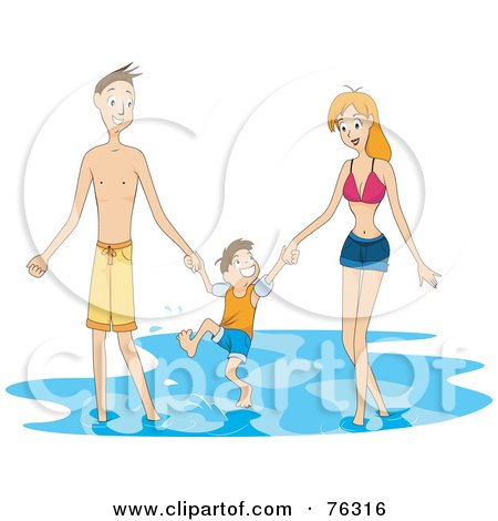 Royalty-Free (RF) Clipart Illustration of a Mom, Dad And Son Splashing In Water At A Beach by BNP Design Studio
