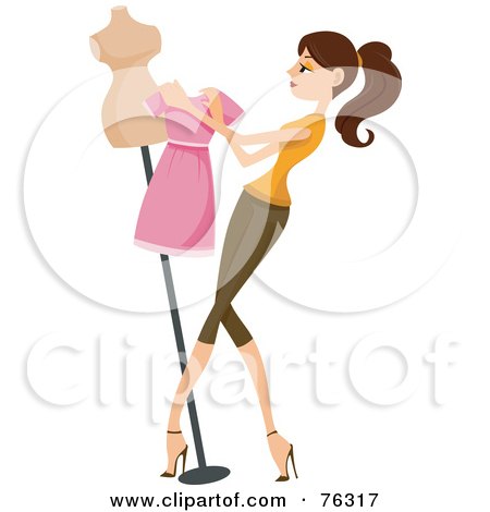 Royalty-Free (RF) Clipart Illustration of a Brunette Woman Dressing A Display Mannequin by BNP Design Studio