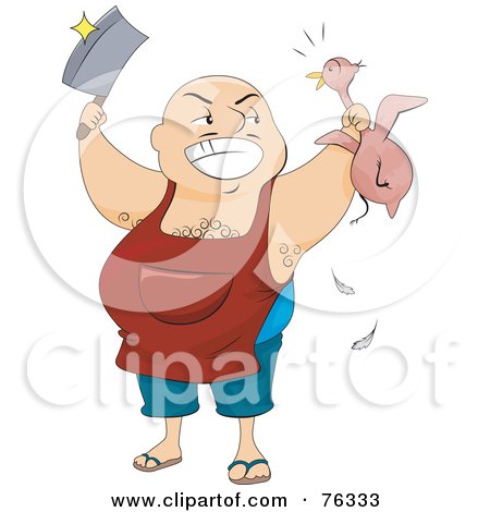 Royalty-Free (RF) Clip Art Illustration of a Fat Hairy Butcher Man Holding A Knife And Chicken by BNP Design Studio