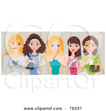 Royalty-Free (RF) Clipart Illustration of a Row Of Pretty Women Chatting And Applying Makeup In A Restroom by BNP Design Studio