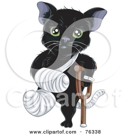 Royalty-Free (RF) Clipart Illustration of a Green Eyed Black Cat With A Bandaged Foot, Tail And Arm, Using A Crutch by BNP Design Studio