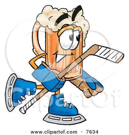 Clipart Picture of a Beer Mug Mascot Cartoon Character Playing Ice Hockey by Mascot Junction