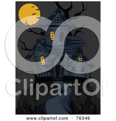 Royalty-Free (RF) Clipart Illustration of a Dangerous Path Leading To A Spooky Haunted House Under A Full Moon by BNP Design Studio