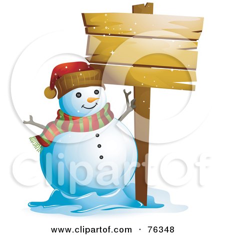 Royalty-Free (RF) Clipart Illustration of a Happy Snowman Beside A Blank Wooden Sign by BNP Design Studio