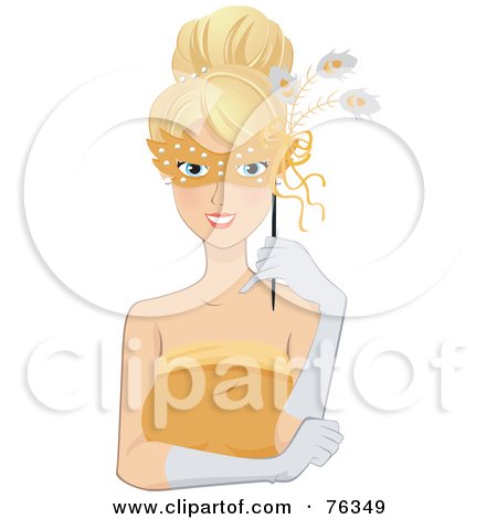 Royalty-Free (RF) Clipart Illustration of a Pretty Blond Woman Holding A Mask At A Masquerade Ball by BNP Design Studio