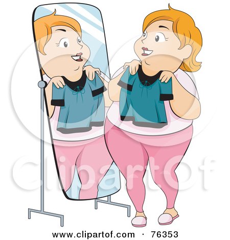 Royalty-Free (RF) Clipart Illustration of a Pleasantly Plump Woman Holding Up A Shirt And Standing In Front Of A Mirror by BNP Design Studio
