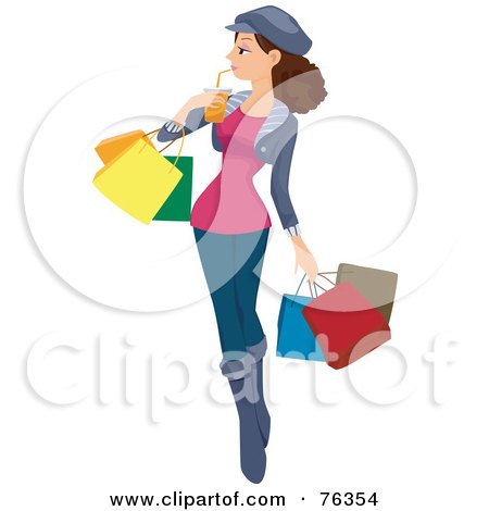 Royalty-Free (RF) Clipart Illustration of a Brunette Girl Sipping A Beverage And Carrying Shopping Bags by BNP Design Studio