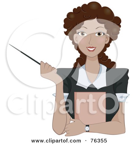 Royalty-Free (RF) Clipart Illustration of a Friendly Curly Haired Brunette Business Woman Or Teacher Holding A Pointer by BNP Design Studio